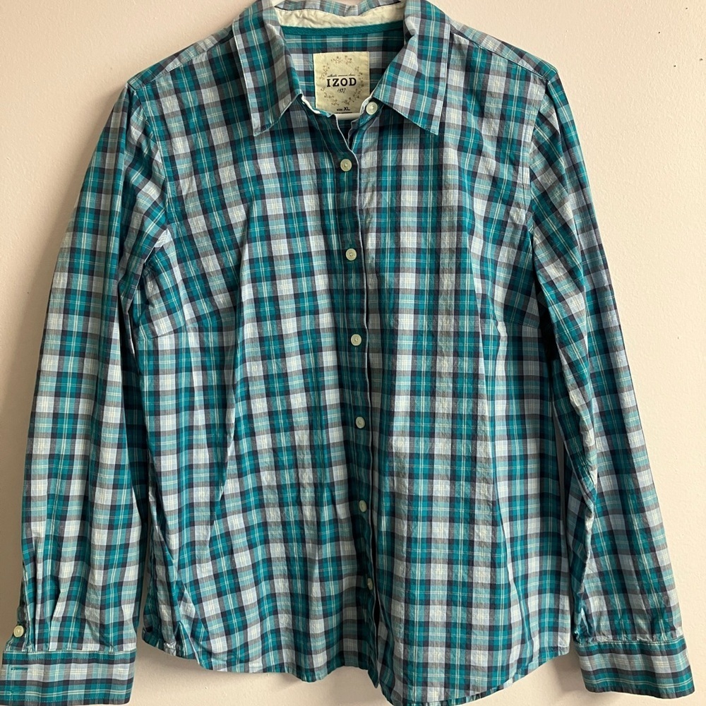 Izod Women’s Plaid Long Sleeve Shirt/Blouse, XL, Teal/Blues, Button Front